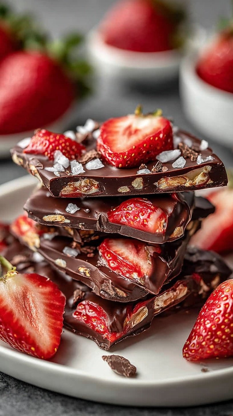 A tray of frozen protein strawberry bark topped with dark chocolate drizzle and sliced strawberries