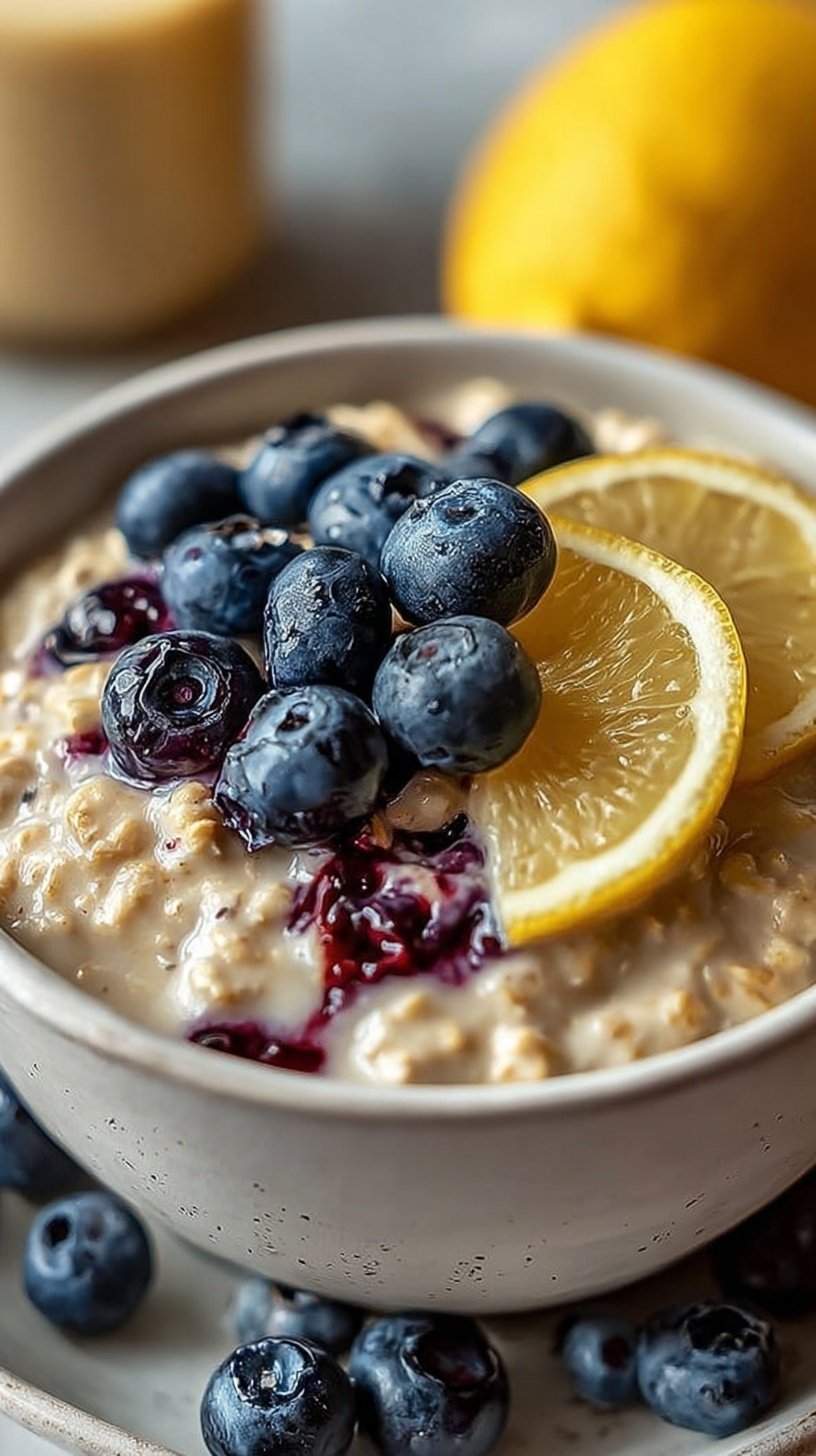 A mason jar filled with creamy lemon blueberry protein overnight oats topped with fresh berries