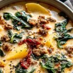 A steaming bowl of creamy Zuppa Toscana with spicy sausage, sliced potatoes, and kale topped with bacon
