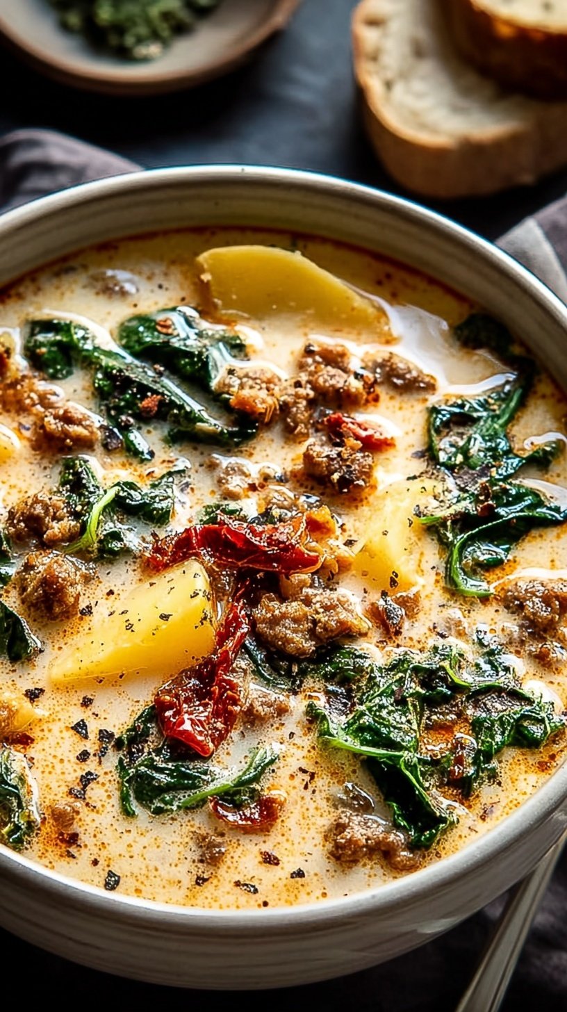 A steaming bowl of creamy Zuppa Toscana with spicy sausage, sliced potatoes, and kale topped with bacon