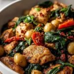 A golden-brown chicken and spinach skillet seasoned with garlic and lemon