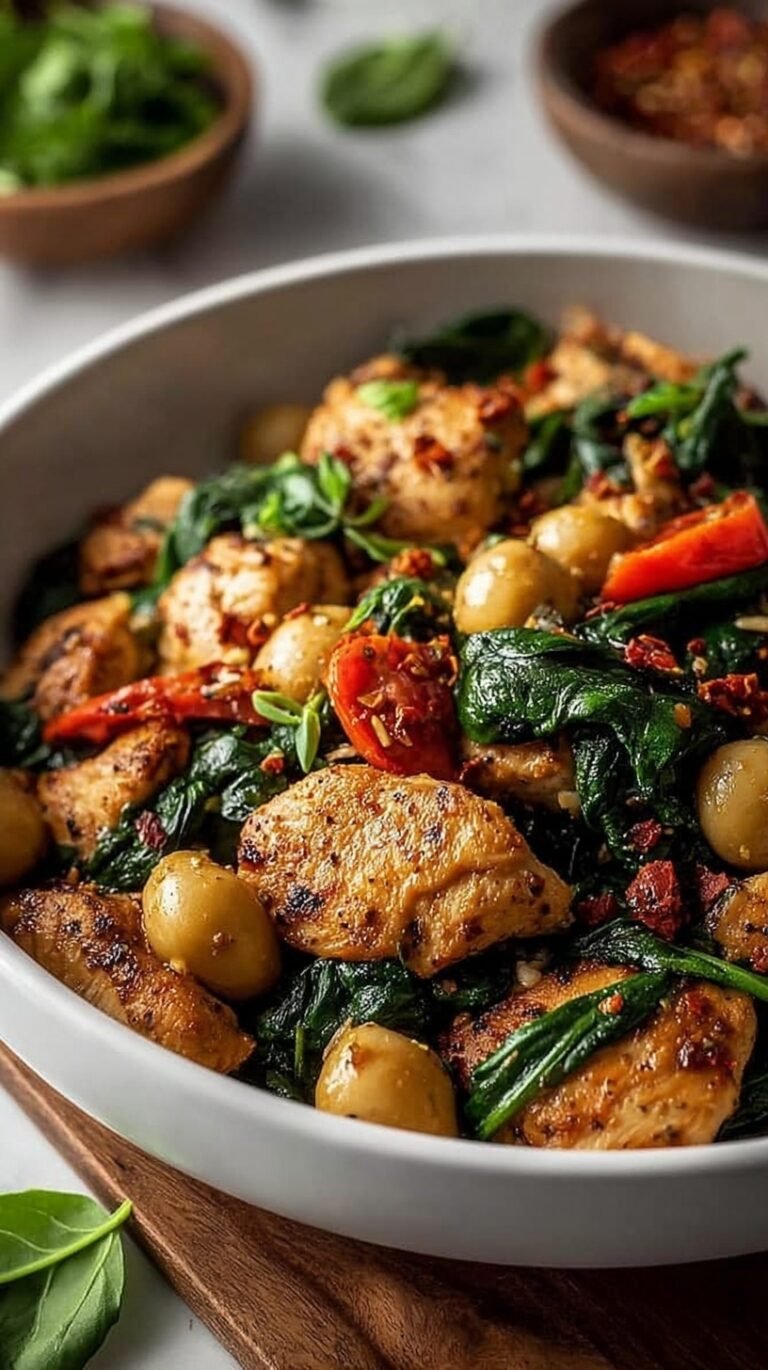 A golden-brown chicken and spinach skillet seasoned with garlic and lemon