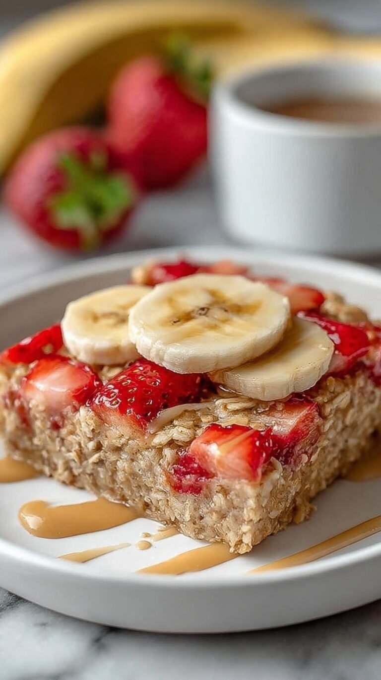 A warm ramekin of strawberry banana baked oats topped with fresh berries