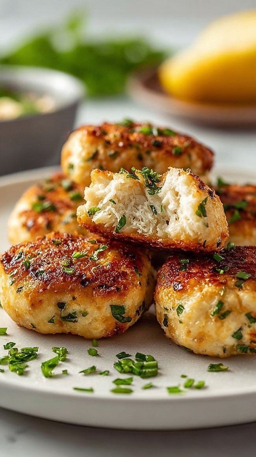 Golden brown air fried chicken cubes garnished with fresh parsley and lemon slices on a white serving plate.