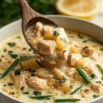 A bowl of creamy lemon chicken soup with ground chicken, rice, and fresh dill