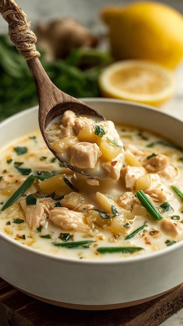 A bowl of creamy lemon chicken soup with ground chicken, rice, and fresh dill