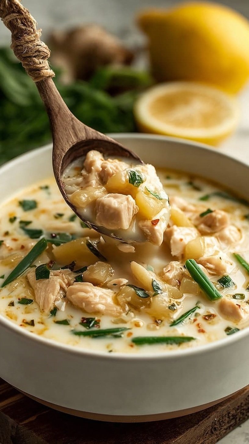 A bowl of creamy lemon chicken soup with ground chicken, rice, and fresh dill