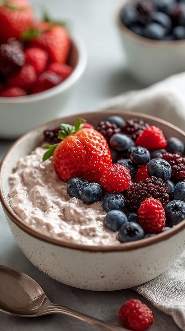A fresh cottage cheese bowl topped with blueberries, strawberries, chia seeds, and sliced almonds.