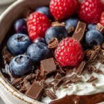 A creamy chocolate cottage cheese bowl topped with fresh strawberries, blueberries, and dark chocolate chips.