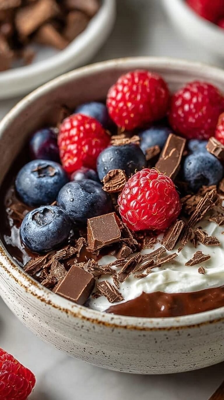 A creamy chocolate cottage cheese bowl topped with fresh strawberries, blueberries, and dark chocolate chips.