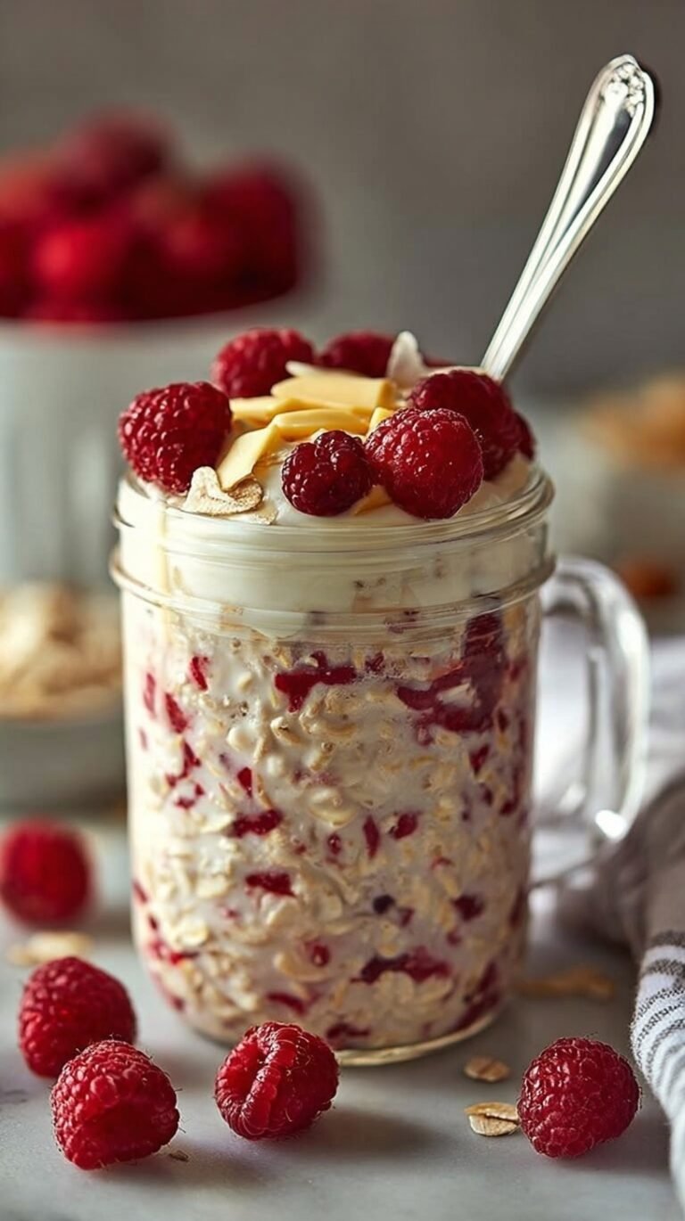 A glass jar filled with creamy raspberry overnight oats topped with fresh berries and chia seeds.