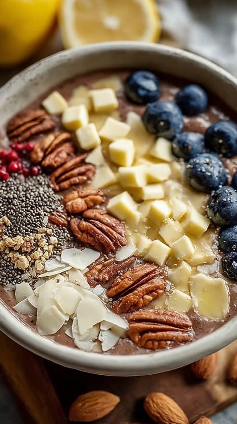 A thick yellow smoothie bowl topped with granola and fresh berries in a white ceramic bowl.