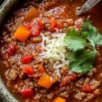 A warm bowl of stuffed pepper soup with ground beef, rice, and green peppers