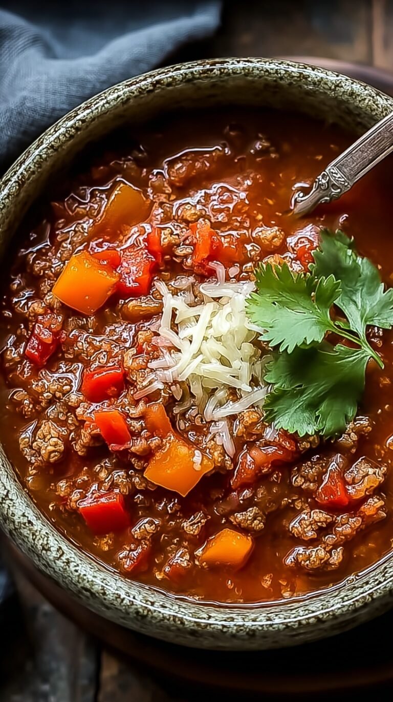 A warm bowl of stuffed pepper soup with ground beef, rice, and green peppers