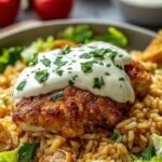 A fresh Spring Chicken Caesar salad topped with sliced chicken, green snap peas, and golden crispy rice clusters.