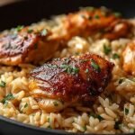 A golden skillet filled with seared chicken pieces, fluffy rice, and fresh green parsley garnish.
