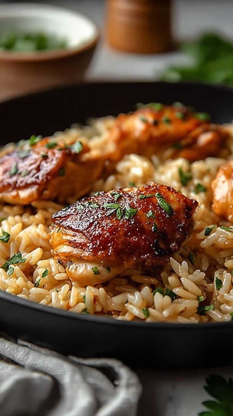 A golden skillet filled with seared chicken pieces, fluffy rice, and fresh green parsley garnish.