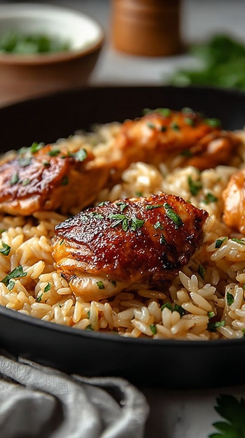A golden skillet filled with seared chicken pieces, fluffy rice, and fresh green parsley garnish.
