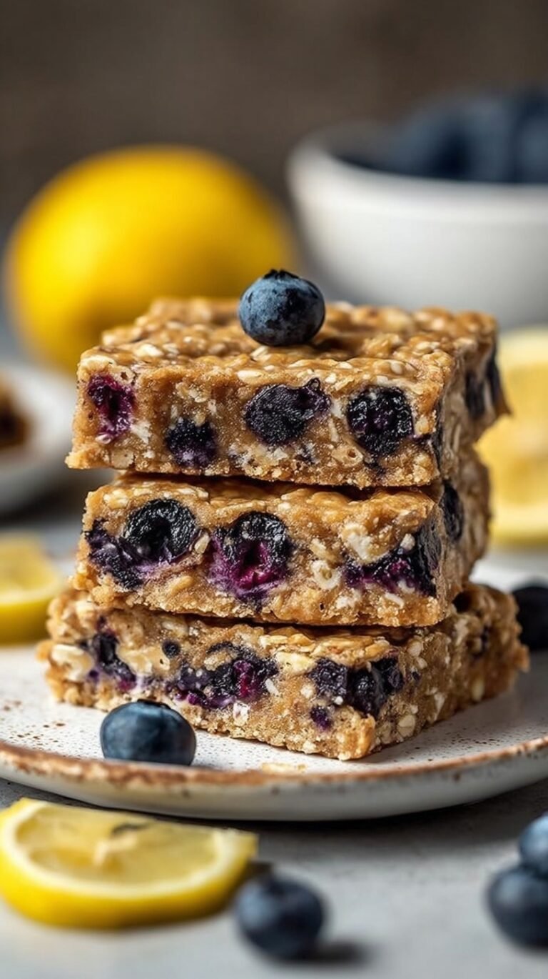Golden brown protein blueberry snack bars sliced into squares in a baking pan