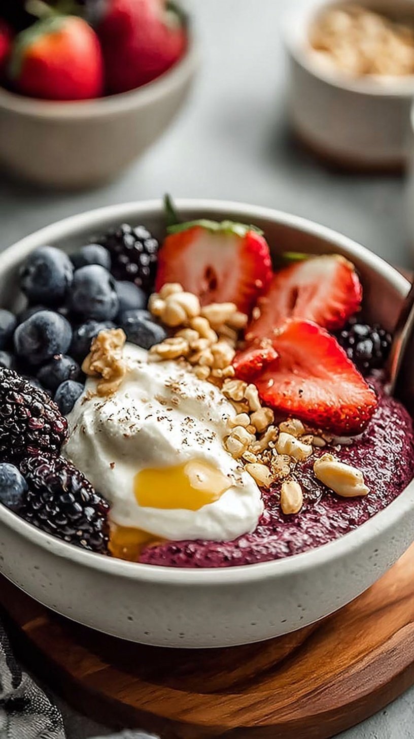 A high-protein cottage cheese breakfast bowl topped with fresh strawberries, blueberries, chia seeds, and almonds.