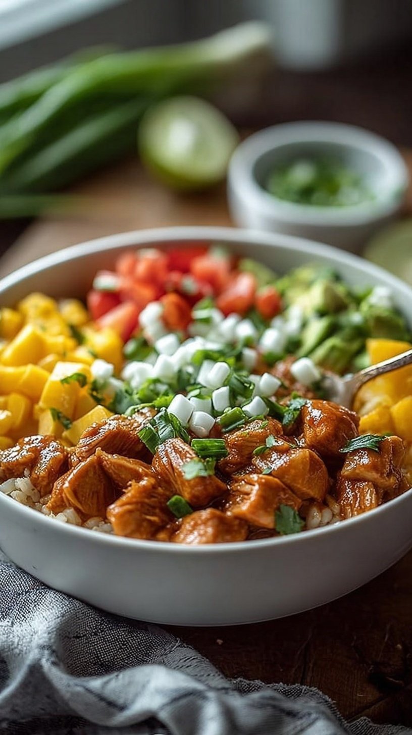A colorful burrito bowl with ground turkey, roasted asparagus, black beans, and avocado on a bed of cauliflower rice.