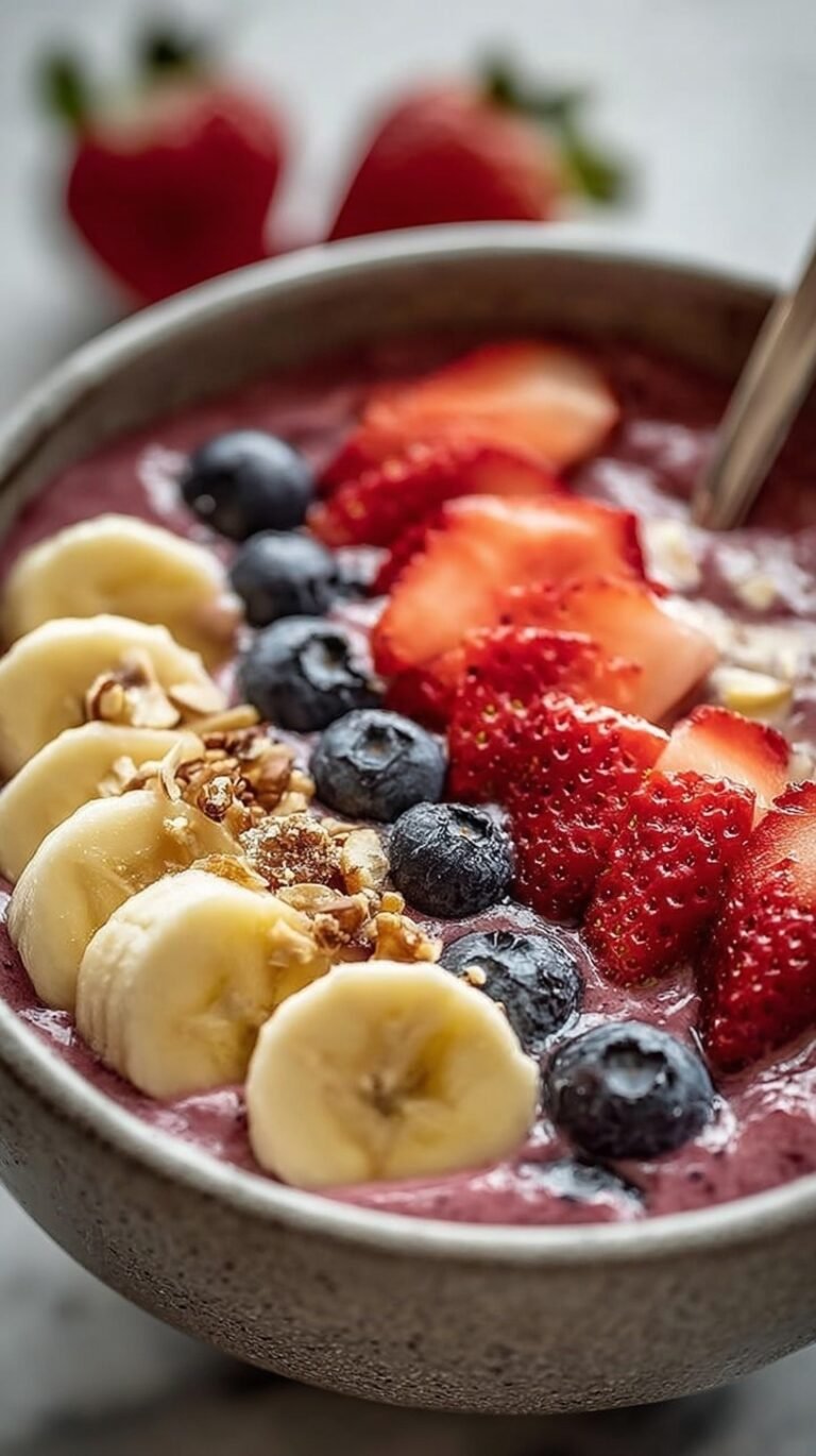 A thick pink strawberry banana smoothie bowl topped with fresh fruit, granola, and chia seeds in a white bowl.