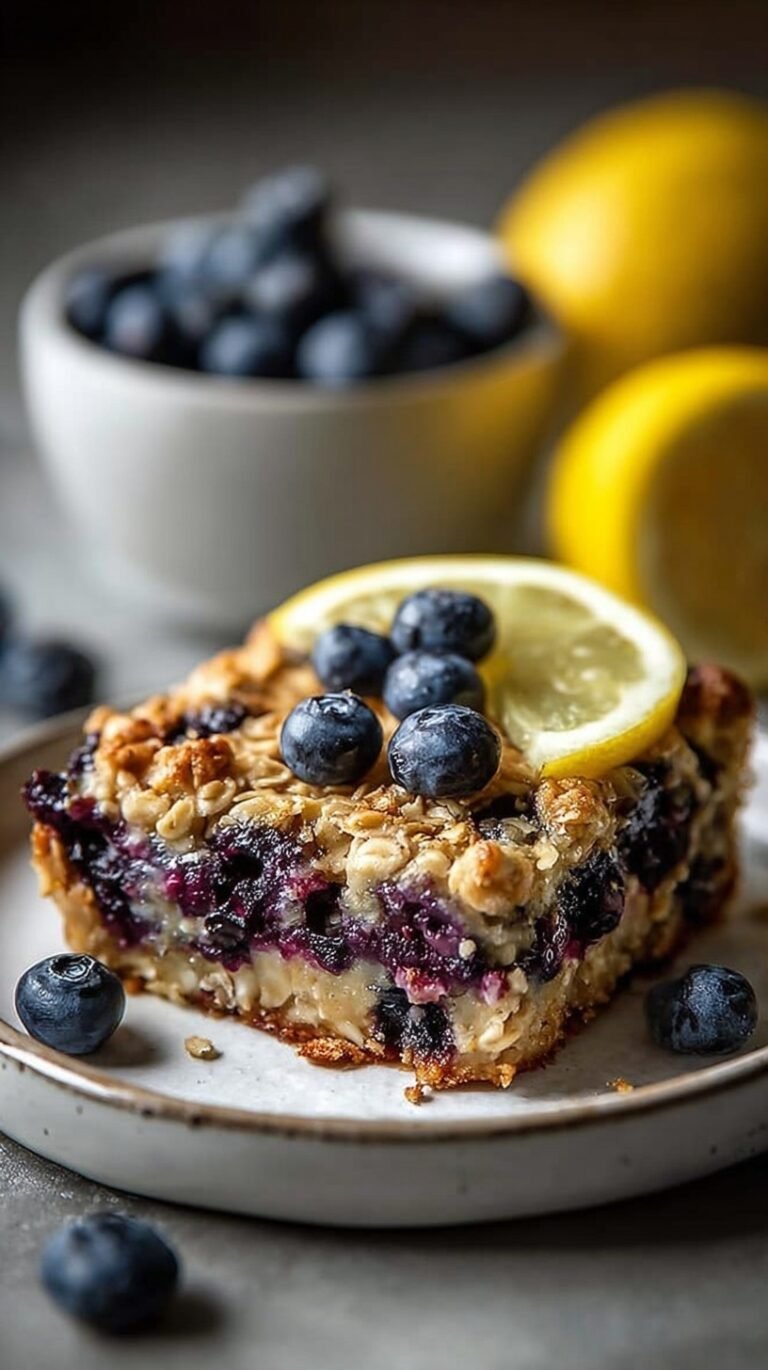 A golden-brown ramekin of baked oats filled with fresh blueberries and lemon zest.