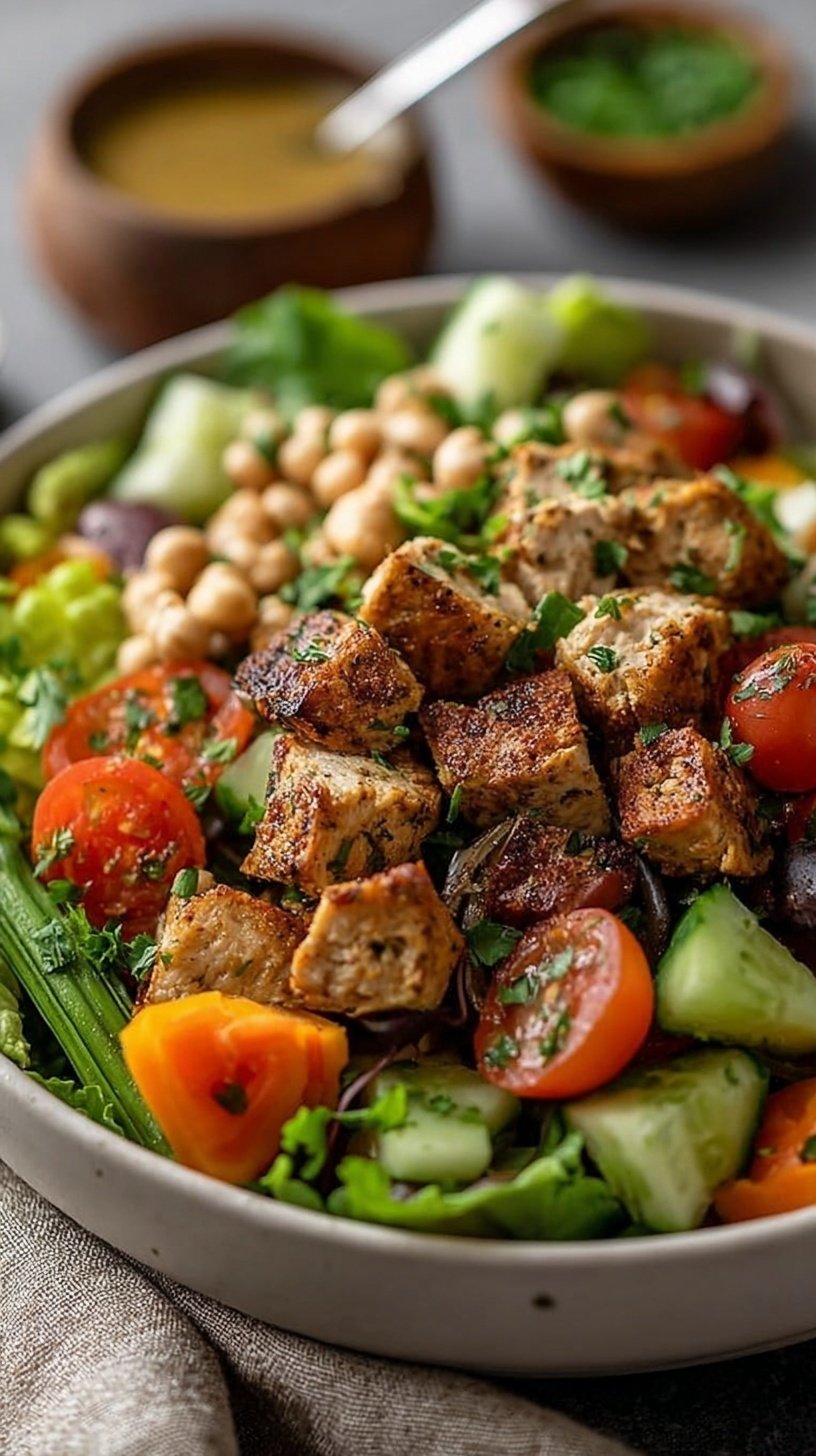 A vibrant Spring Cobb Salad arranged in rows with grilled chicken, eggs, asparagus, and avocado on a bed of romaine lettuce.