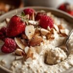 A glass jar filled with creamy vanilla protein overnight oats topped with almond butter and sliced almonds.