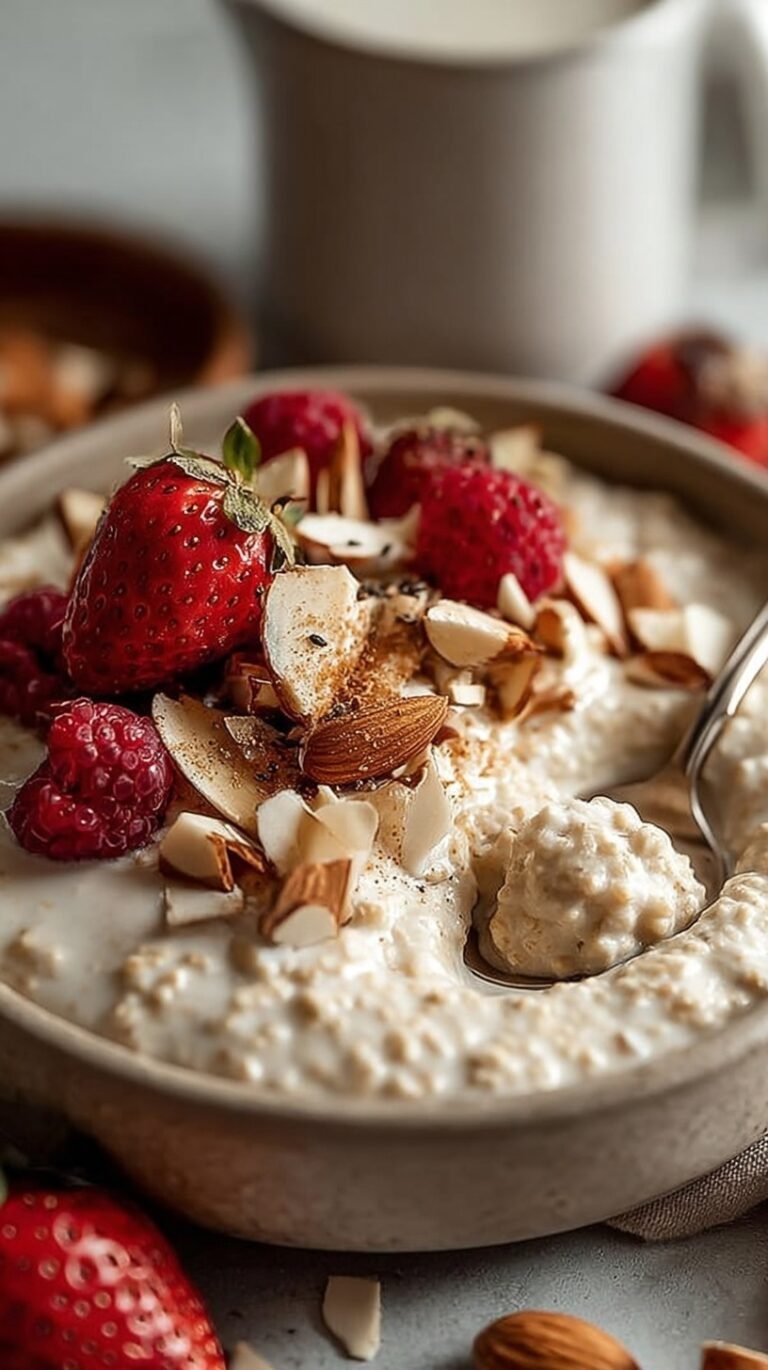 A glass jar filled with creamy vanilla protein overnight oats topped with almond butter and sliced almonds.