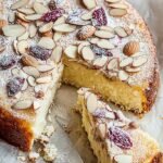 A golden brown almond ricotta cake dusted with powdered sugar and topped with sliced almonds.