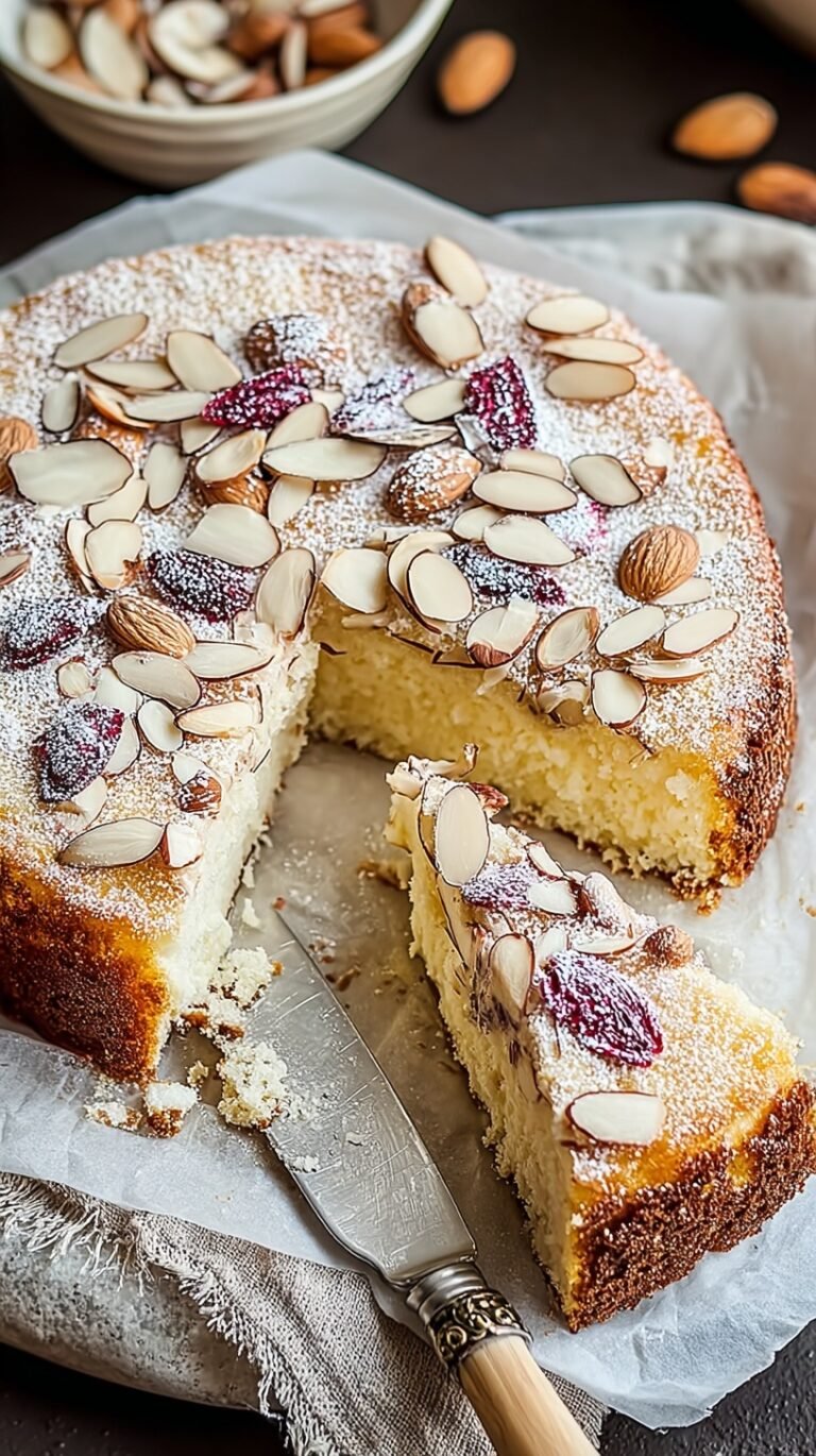 A golden brown almond ricotta cake dusted with powdered sugar and topped with sliced almonds.