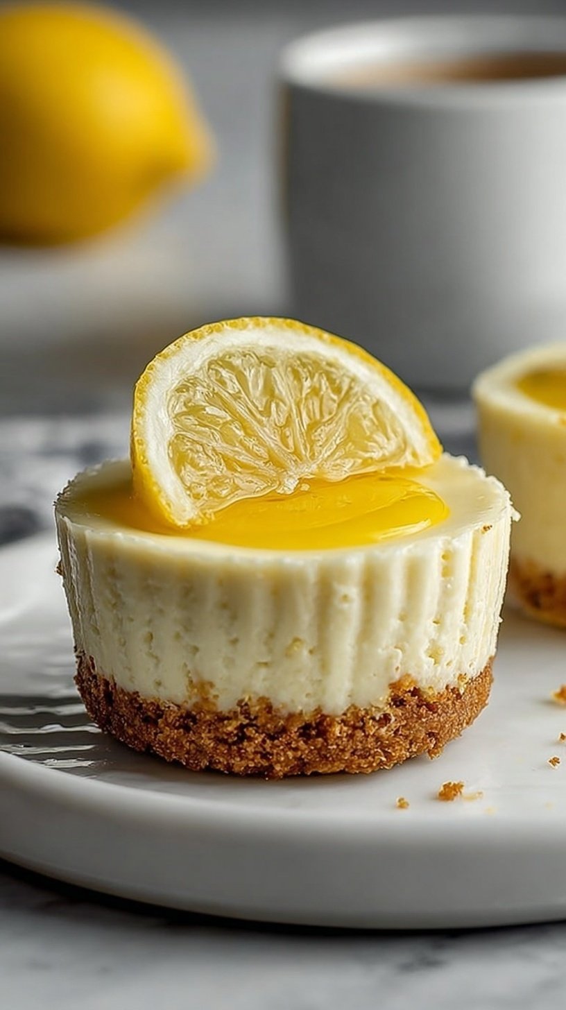 Six individual lemon cheesecake cups with a graham cracker crust in a muffin tin.