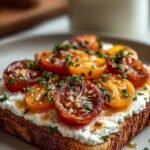 Two slices of sourdough toast topped with cottage cheese, cucumbers, tomatoes, and everything bagel seasoning on a white plate.