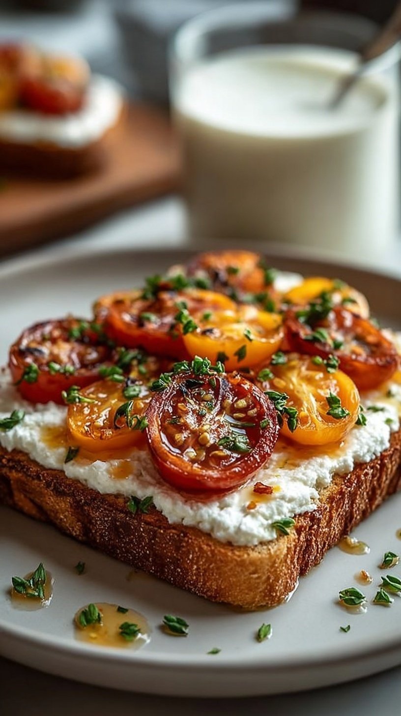 Two slices of sourdough toast topped with cottage cheese, cucumbers, tomatoes, and everything bagel seasoning on a white plate.