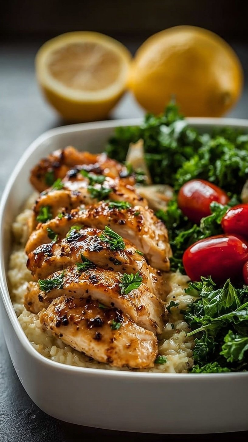 Roasted lemon garlic chicken cubes and broccoli florets served over brown rice in glass meal prep containers.