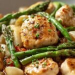 A golden brown chicken and bright green asparagus skillet seasoned with lemon and garlic