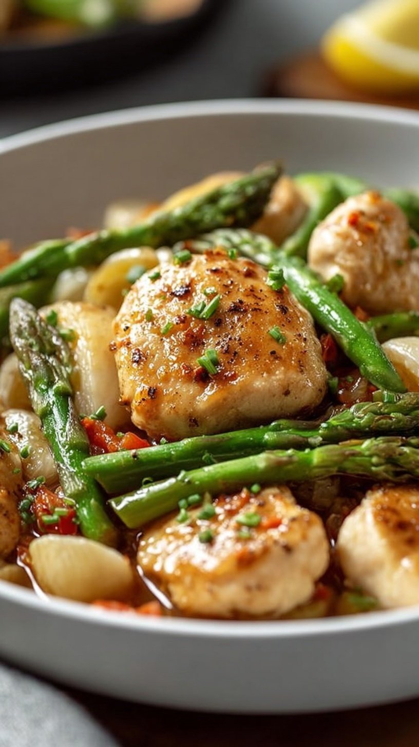 A golden brown chicken and bright green asparagus skillet seasoned with lemon and garlic