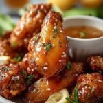 Crispy golden air fryer chicken wings tossed in a glossy honey lemon glaze on a white platter