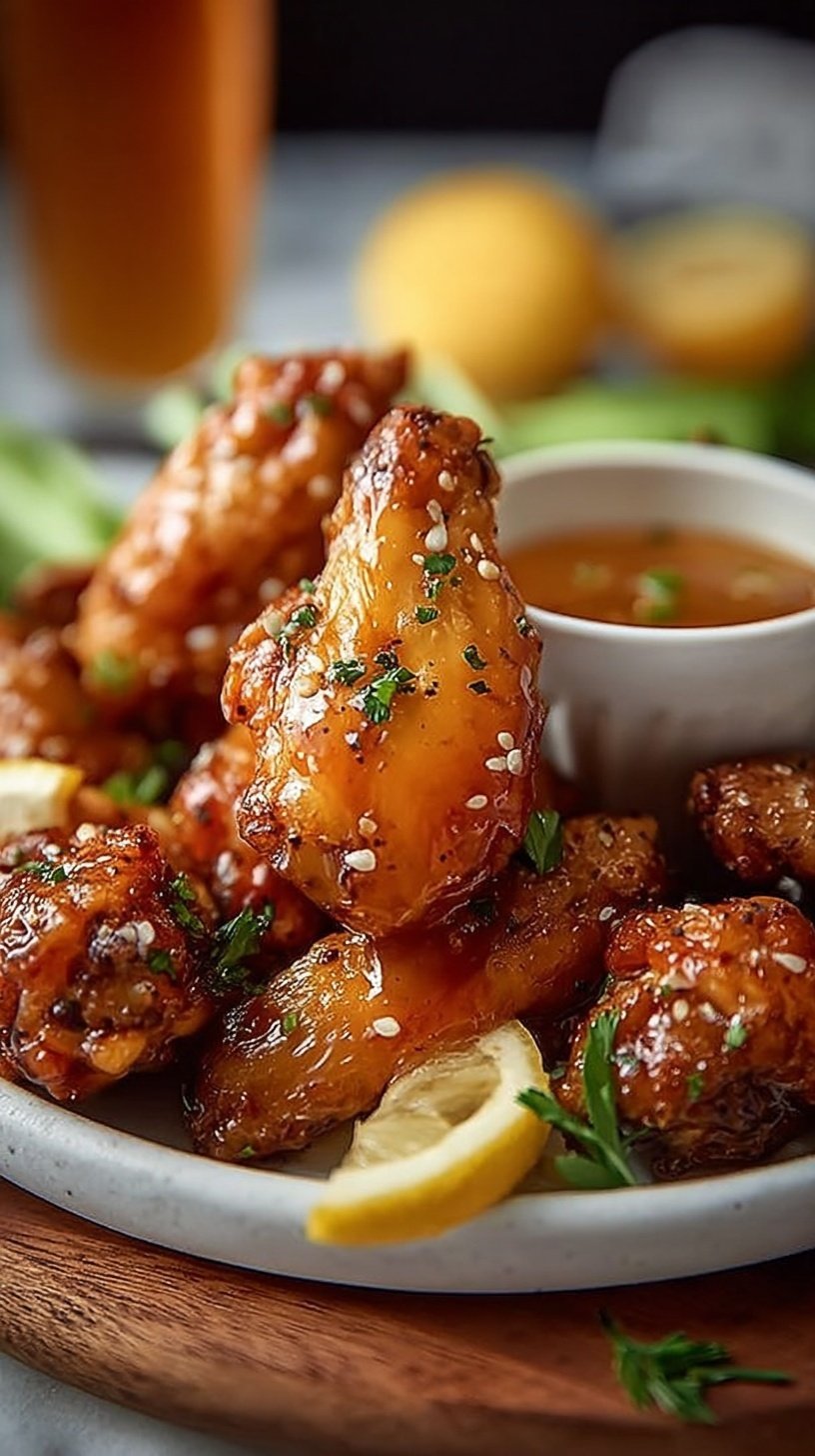 Crispy golden air fryer chicken wings tossed in a glossy honey lemon glaze on a white platter