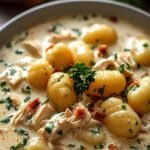 A bowl of creamy chicken gnocchi soup with shredded carrots, spinach, and soft potato gnocchi.