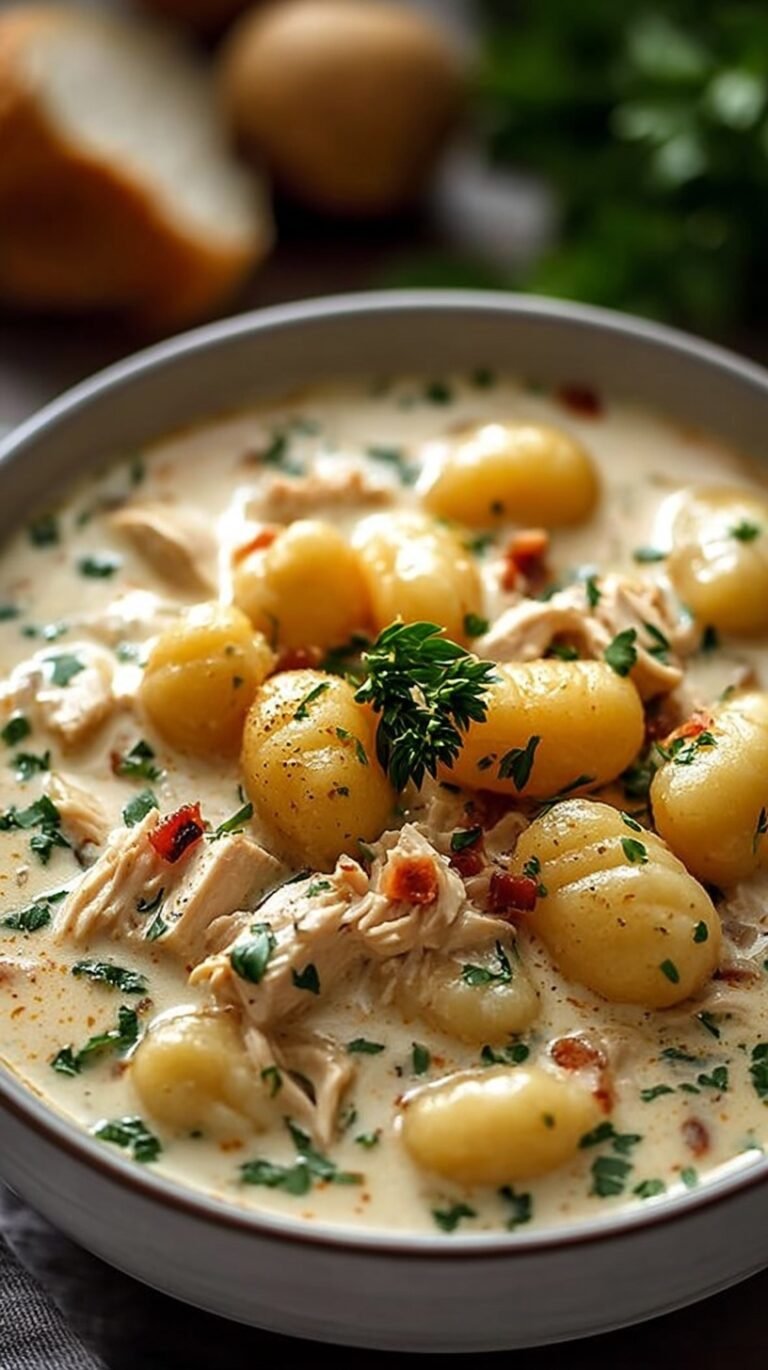 A bowl of creamy chicken gnocchi soup with shredded carrots, spinach, and soft potato gnocchi.