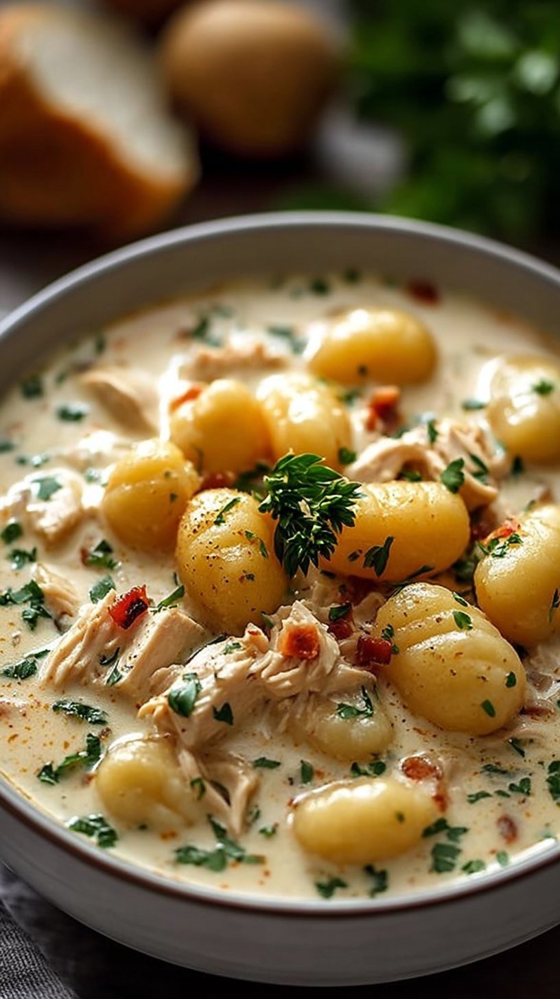 A bowl of creamy chicken gnocchi soup with shredded carrots, spinach, and soft potato gnocchi.