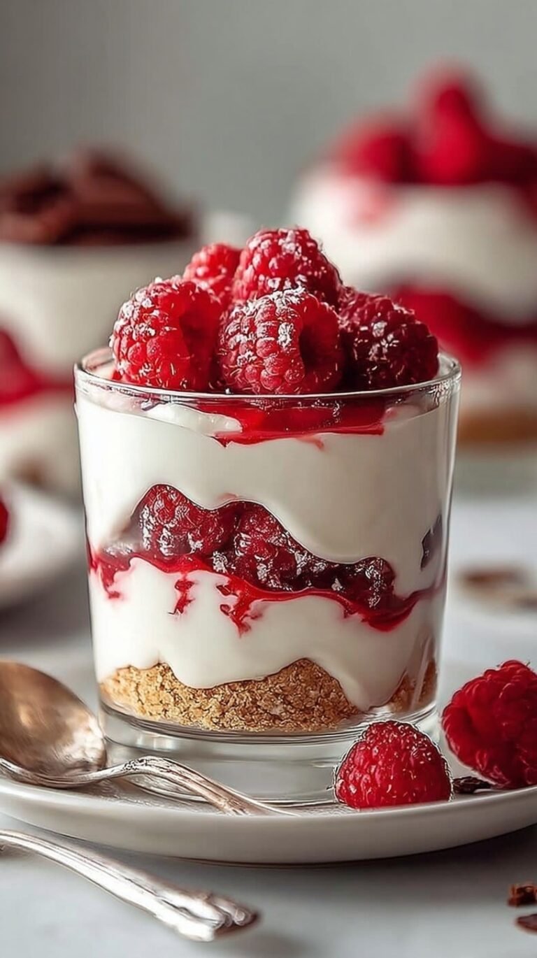 A glass jar layered with creamy yogurt, fresh red raspberries, and golden granola.
