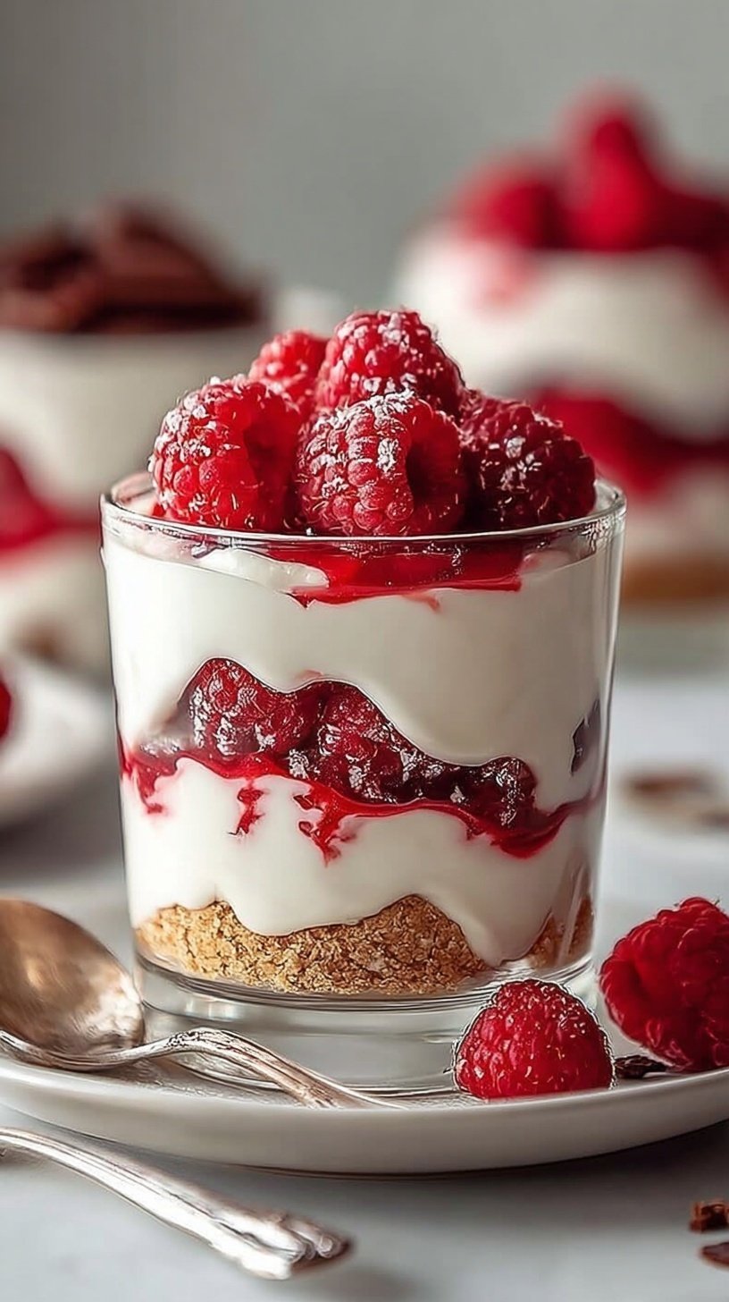 A glass jar layered with creamy yogurt, fresh red raspberries, and golden granola.
