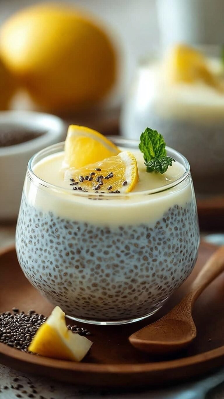 A glass jar filled with creamy lemon chia pudding topped with fresh lemon zest and a sprig of mint.