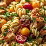 A bowl of spring chicken pasta salad with rotini, asparagus, peas, and radishes in a creamy dressing.