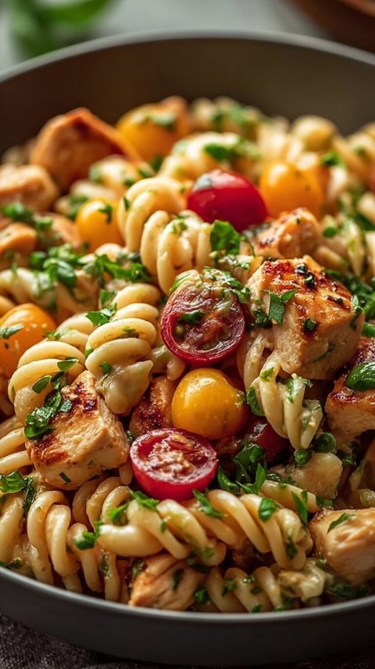 A bowl of spring chicken pasta salad with rotini, asparagus, peas, and radishes in a creamy dressing.