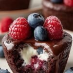 Dark chocolate shells filled with white whipped cream and fresh red strawberries and blueberries