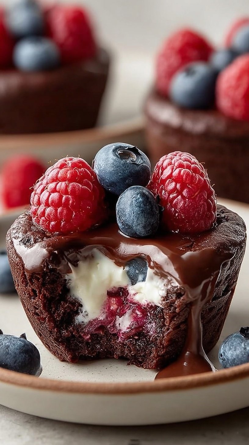 Dark chocolate shells filled with white whipped cream and fresh red strawberries and blueberries